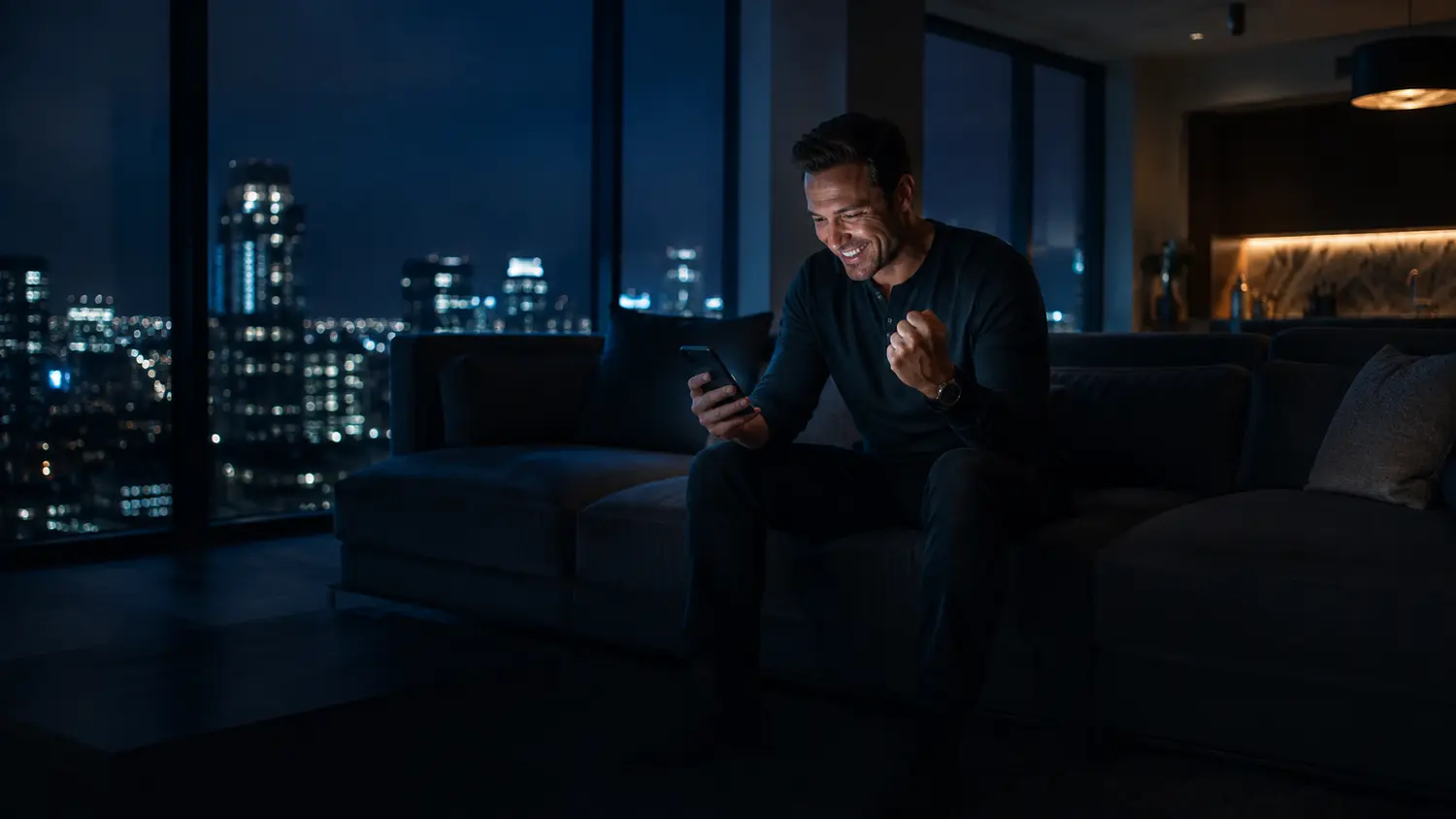 A player at home at night, city skyline in the window behind him, pumping his fist while looking at his phone.